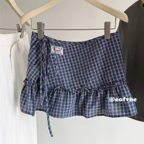 Fashion High-waist Ruffles Belts for Women Checkered Pattern Versatile Short Skirt Y2K Jeans Accesso