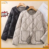 Korean Down Jacket Light Down Jacket 2023 Retro Collarless Light Down Cotton Ladies Short Style Stitching Color Diamond Check Round Neck Mother Plus Size Padded Jacket