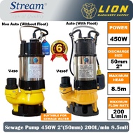Stream/Unoflow/Atlantic/Mikawa 450W 2"(50mm) Sewage Submersible Pump V450/V450F -6 Months Local Warr