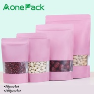 Original Custom Digital Printing Pink Mylar Bag with Window Zip Lock Resealable Food Snack Tea Coffe