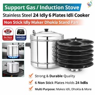 24 Idli 6 Plate Stainless Steel Idli Cooker Non Stick Dhokla Steamer Gas Induction Compatible Cookwa