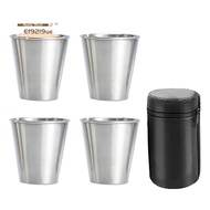 Stainless Steel Shot Cups, Set of 4 Cups, Metal Shot Glasses, Stackable, Hip Flask Small with Leathe
