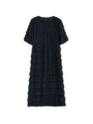 Hotsale XITAO Pleated Dress Women Personality Loose V-neck Short Sleeve Dress Summer New Arrival DMJ1434