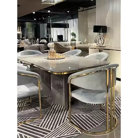 Family dining table, light luxury 6-person long dining table, gray solid wood dining table 2025 new