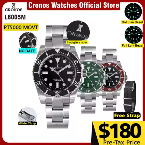 Cronos Sub Diver Men Watch No Date PT5000 Brushed Bracelet Ceramic Bezel 200 meters Water Resistant