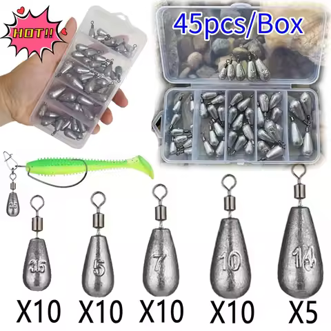 45PCS/Box Drop Shot Fishing Weight Sinker 3.5g 5g 7g 10g 14g Tube Bullet Plumb Pendant Metal Jig Sea