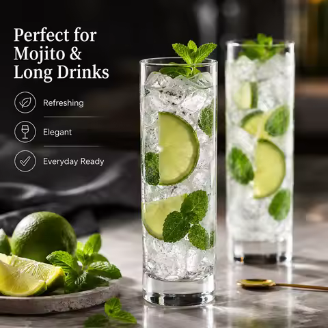 Clear Tall Drinking Glass 240ml Highball Cocktail Tumbler Mojito Long Drink Cup for Home Bar Party D