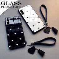 Casing For iPhone 14 13 12 11 Pro Max 12mini 13mini X XS Max XR iPhone 8 7 6 6s 14 Plus 5 5s SE Case For Girl Fashion Love Heart Hard Glass Phone Cover With Wristbands Lanyard