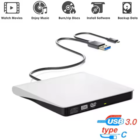 External CD DVD Drive USB 3.0 Portable Fits for DVD-R DVD-RW Player Burner for PC Laptop Computer Wi