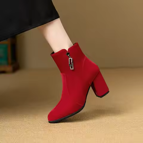 REAVE CAT Mature Female Ankle Boots Round Toe Chunky Heels Black 7.5cm Big Size 42 44 45 46 47 48 49