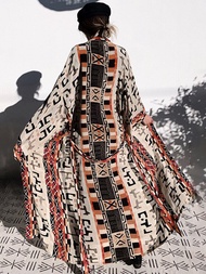 New New Bikini Cover Up Vintage Geometric Printed Beach Kimono Dresses Self Belted Loose Swimwear B