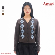 [AMES] CROP V NECK ARGYLE CARDIGAN_Korean style