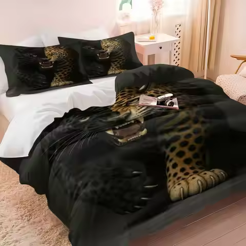 Face Jaguar Bedding Set(1 Duvet Cover & 1/2 Pillowcase) 3D Animal Print Bed Set Fierce Predator Styl