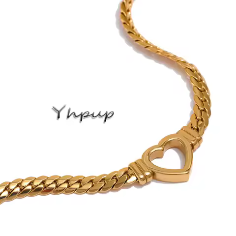 Yhpup Heart Chain Necklace Stainless Steel for Women Fashion Metal Texture Flat Collar Waterproof Ne