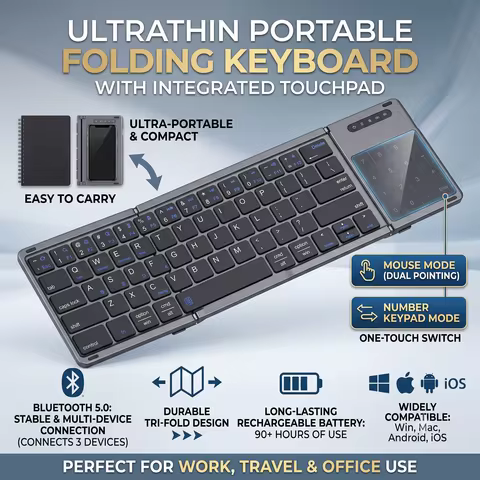 Wireless Foldable Keyboard Ultra Slim Touchpad Bluetooth Keyboard Rechargeable Folding Keyboard for 