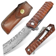 KOMWERO EDC Damascus Pocket Knife with Leather Sheath, Tanto Folding Knife with Damascus Blade, Wood
