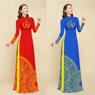 Party ao dai, 2-color red and blue silk uniform ao dai with party logo mixed with outstanding luxuri