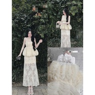 Women's fashion dress set with 2 puffy straps and 2-piece lace skirt