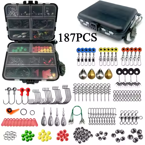 187/263 pcs Fishing Tools Accessories Kit Jig Hooks Fishing Sinker Weights Swivels Snaps Connectors 