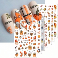 7pcs Gold Glitter Cartoon Autumn Nail Stickers 3D Fall Cute Fox Squirrel Pumpkin Mushroom Maple Leav