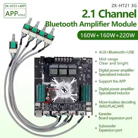 ZK-HT21-3G Bluetooth Amplifier Board/USB AUX Support APP TWS/Subwoofer Output Module 160W+160W+220W