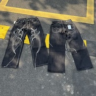 Thug Club24FW部落樹胡須線刺繡中腰寬鬆牛仔褲男刺繡水洗垂感休閑闊腿褲