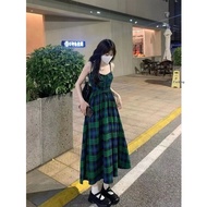 Zhu XIA không tay Đầm kẻ sọc ô vuông eo cao nữ váy dài dây đeo giảm béo phong cách Mori