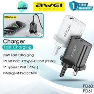 Awei PD60 20W Charger Adapter 20W Fast Charging Charger Awei PD61 Wall Charger 3 Pin UK Plug Awei Ch