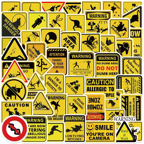 53PCS Funny Warning sign Stickers Laptop Graffiti Skateboard Waterproof Scrapbooking Phone Cup Lugga