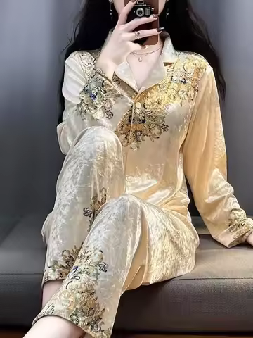 Floral Golden Velvet Pajama Sets Women Long Sleeve Cardigan Pants Sleepwear Homewear Luxury Vintage 