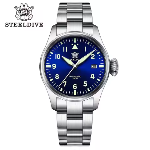 STEELDIVE SD1928 Mechanical Pilot Sapphire Crystal NH35 Movement 20Bar Waterproof Onion Big Crown Sw
