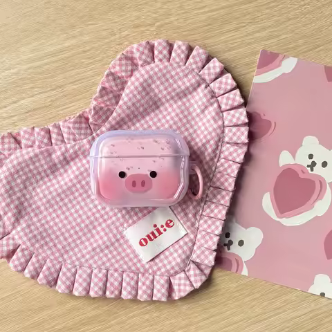 Lovely Cartoon Pink Pig Pink Ink Splash Pattern Protective Earphone Case with Ring Cover for AirPods