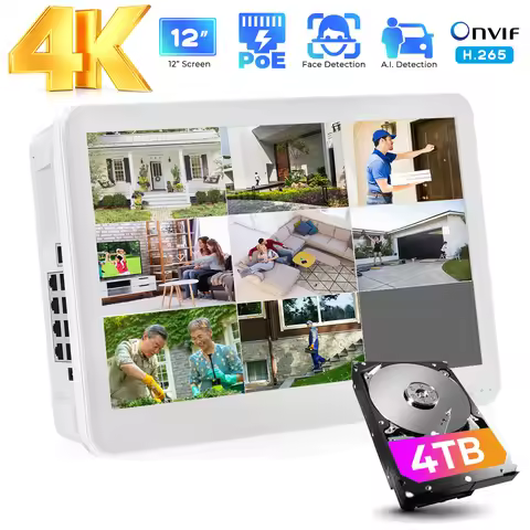 8CH 4K POE NVR With 12" LCD Monitor H.265 Onvif CCTV PoE Network Video Recorder Power Over Ethernet 