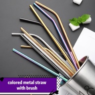 Reusable Colored Metal Straw w/ Brush Glossy Rainbow Silver Rose Gold Straw