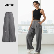 Lovito Seluar Kasual Bertali Bawah Wanita Seluar Musim Bunga/Panas Kelabu Sejuk dan Selesa L139AD173