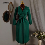 Women Long Sleeve V Neck Pleated A Line Maxi Dress With Tie Waist Elegant Woven Fabric Flowy Christm