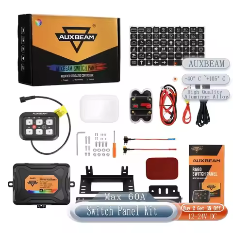 Auxbeam Universal RA60 RGB 6 Gang Switch Panel with 3 Lighting Modes (One-Sided Outlet) 60A Max Curr