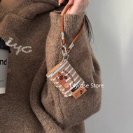 Flip Leather Case for AirPods 4 Apple Wireless EarPods Protector with Outdoor Leather Chain Brown Pu