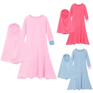 2 PCS Muslim Kids Girls Kaftan Abaya Islamic Dress Hijab Scarf Long Sleeve Maxi Dress Prayer Burka G