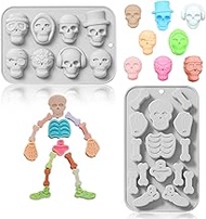 Halloween Silicone Mold, Sugar Skull Mold for Day of the Dead 2 Pack 3D Skeleton Mold for Baking Chocolate Candy Fondant Ice Cube Cake Soap Jelly Wax Melts (Grey)