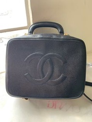 Chanel vintage 黑色荔枝皮盒子包 化妝箱 化妝盒包