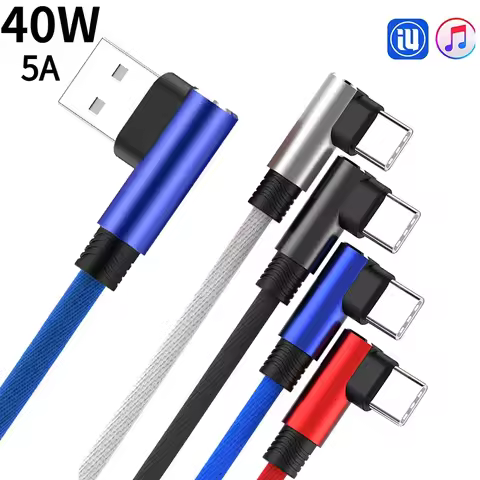 5A 40W SuperCharge USB A to Type C Cable 90 Degree Elbow Fast Charging Braided Cord for Huawei Samsu