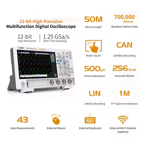 OWON ADS824A 4CH 200MHz 1.25GSa/s Digital Storage Oscilloscope, 50M Storage Depth, 12-bit 7-inch Tou