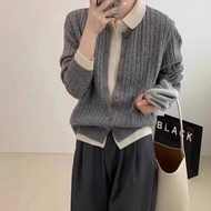 ผู้หญิง หลวม แขนยาว เสื้อสเวตเตอร์ถัก ปกโปโล สองชิ้นปลอม คาร์ดิเกน ฤดูใบไม้ผลิ ฤดูใบไม้ร่วง สไตล์ใหม