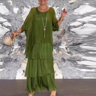 连衣裙dress2025欧美时尚新款雪纺网纱蝙蝠袖圆领长款连衣裙新款25.11.05