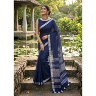 Navy Blue Linen Saree With Silver Border & Blue and white Tassels