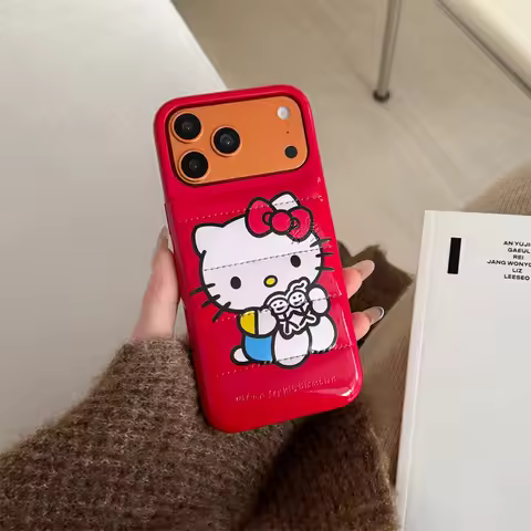 Hello Kawaii KT Leather Down Jacket Phone Case for iPhone 18 Pro Max 17 16 15 14 13 Pink Red Cartoon