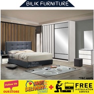 bilik Furniture- Bedroom Set /Bedframe + 8ft x 8ft Wardrobe+Dressing Table /White Room set/ Set Bilik Tidur Queen/King