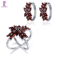 Lohaspie Jewelry real Jewelry Sets Natural Red Garnet Gemstone Cluster Earrings Ring Silver 925 Orig