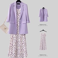 Plus Size Loose Suit Set Blazer Office/Formal OL Wear Ladies Women Casual Blazer + Chiffon Sleeveless Floral Dress